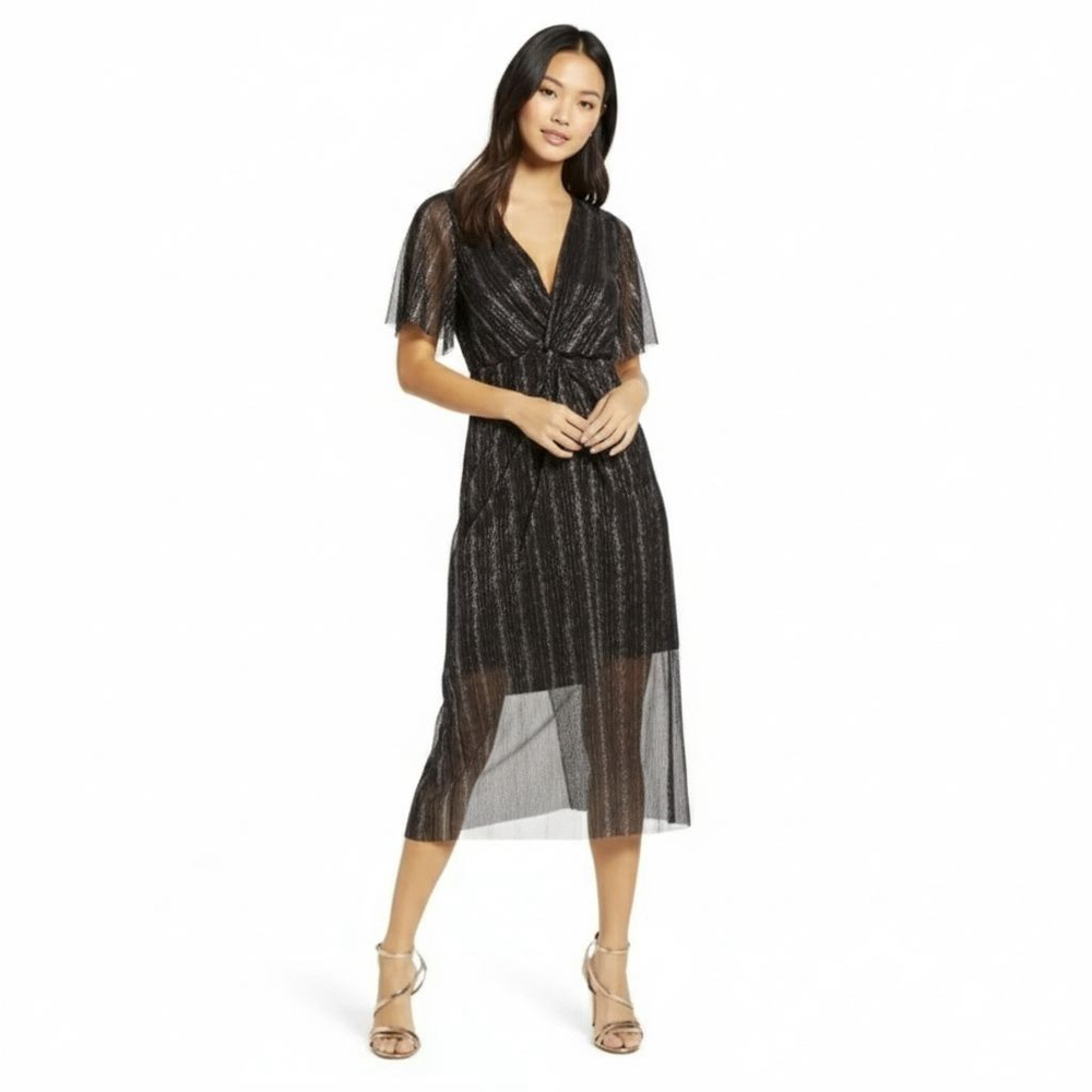 All in Favor Dolman Black Silver Plisse Midi Dress - New